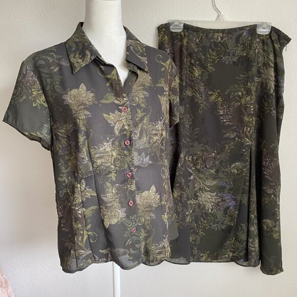 Jones Wear Womens 14 Green Floral Button-up Short Sleeve Top & Skirt Set - Picture 1 of 15